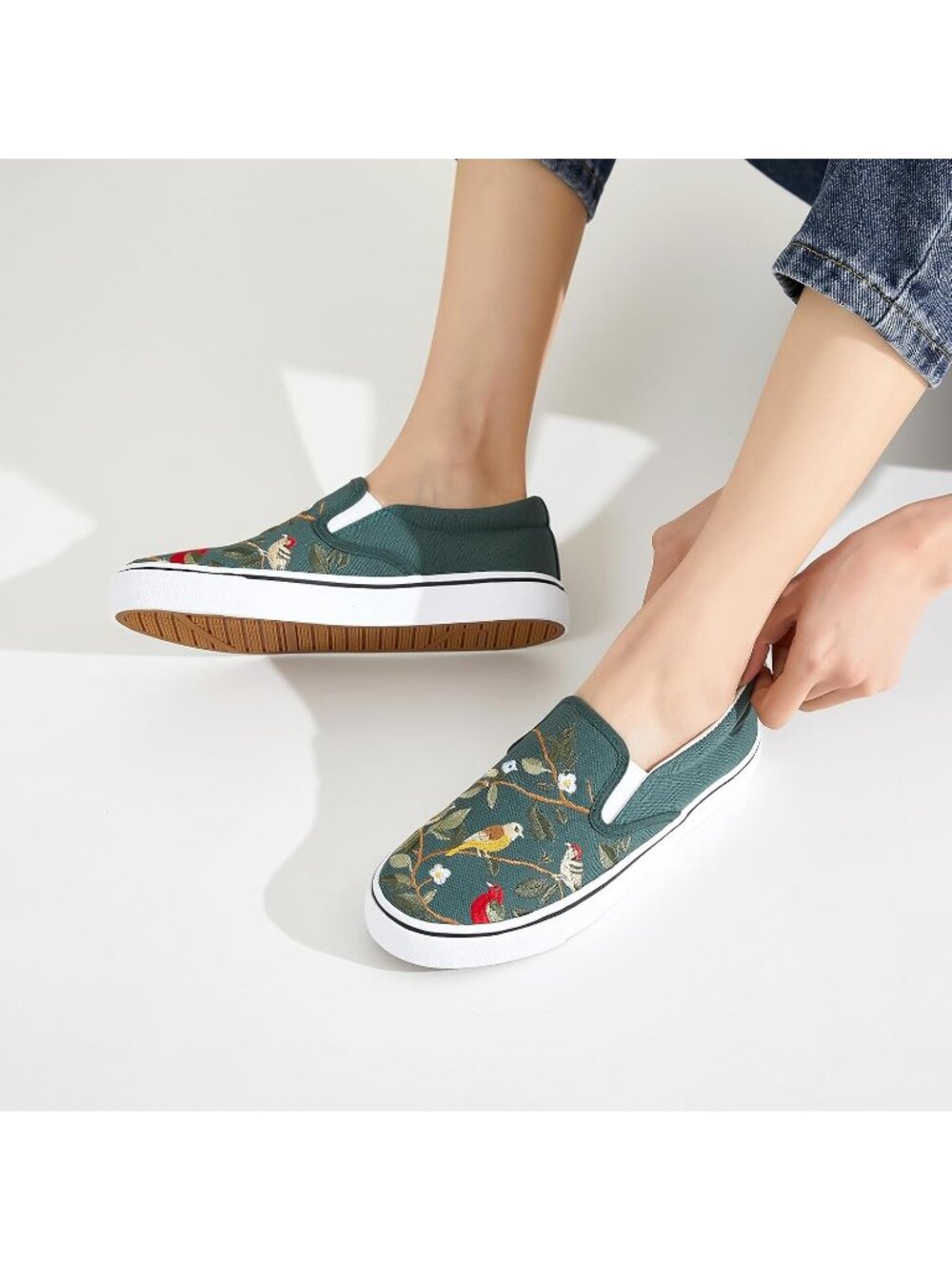 Women's Dark Green Embroidery Comfortable Low Top Slip on Loafer Sneaker Shoes - Picture 2 of 6